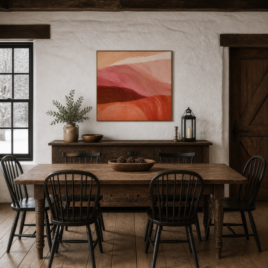 Rolling hills at dusk artwork above a dark dining table with black spindle chairs