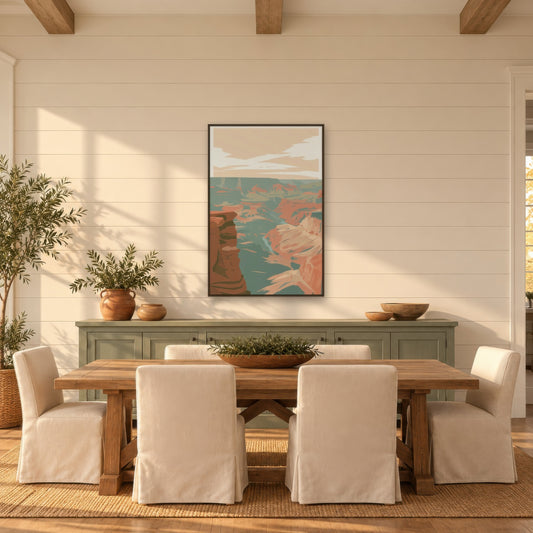 Dark Red Canyon Wall Illustration landscape wall art in a dining room