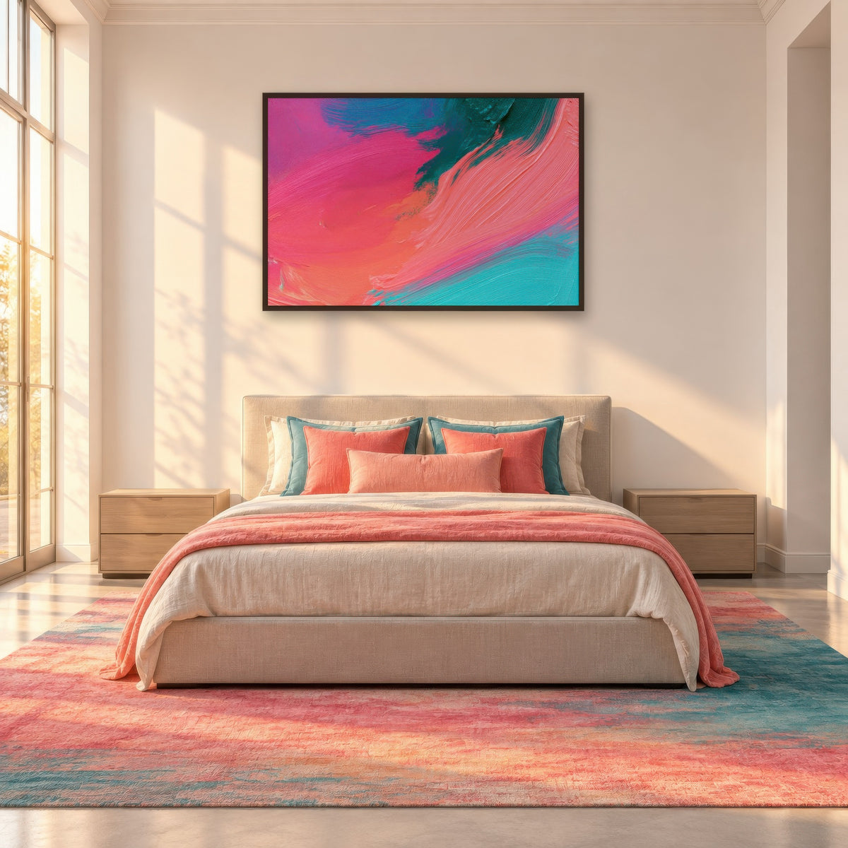 Pink and Teal Brushstroke Abstract wall art in a bedroom