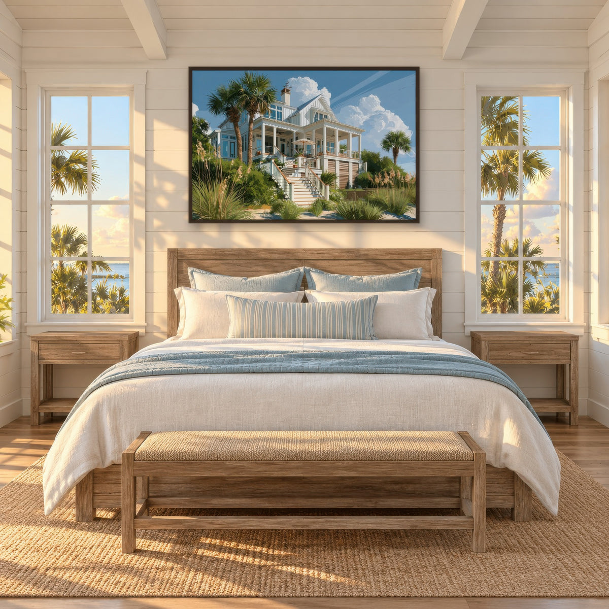 Beach House Under Clouds coastal wall art in a bedroom