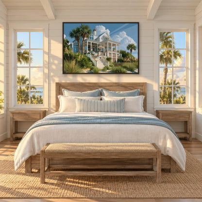 Beach House Under Clouds coastal wall art in a bedroom