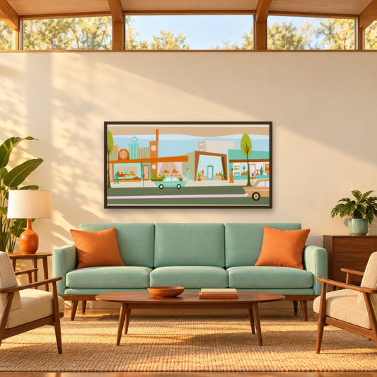 Retro Storefronts with Tall Sign Pylons mid-century modern wall art in a living room