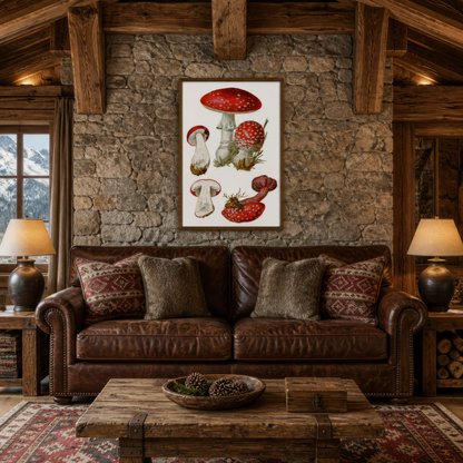 Vintage Fly Agaric Mushroom Plate wall art print, alternate room view