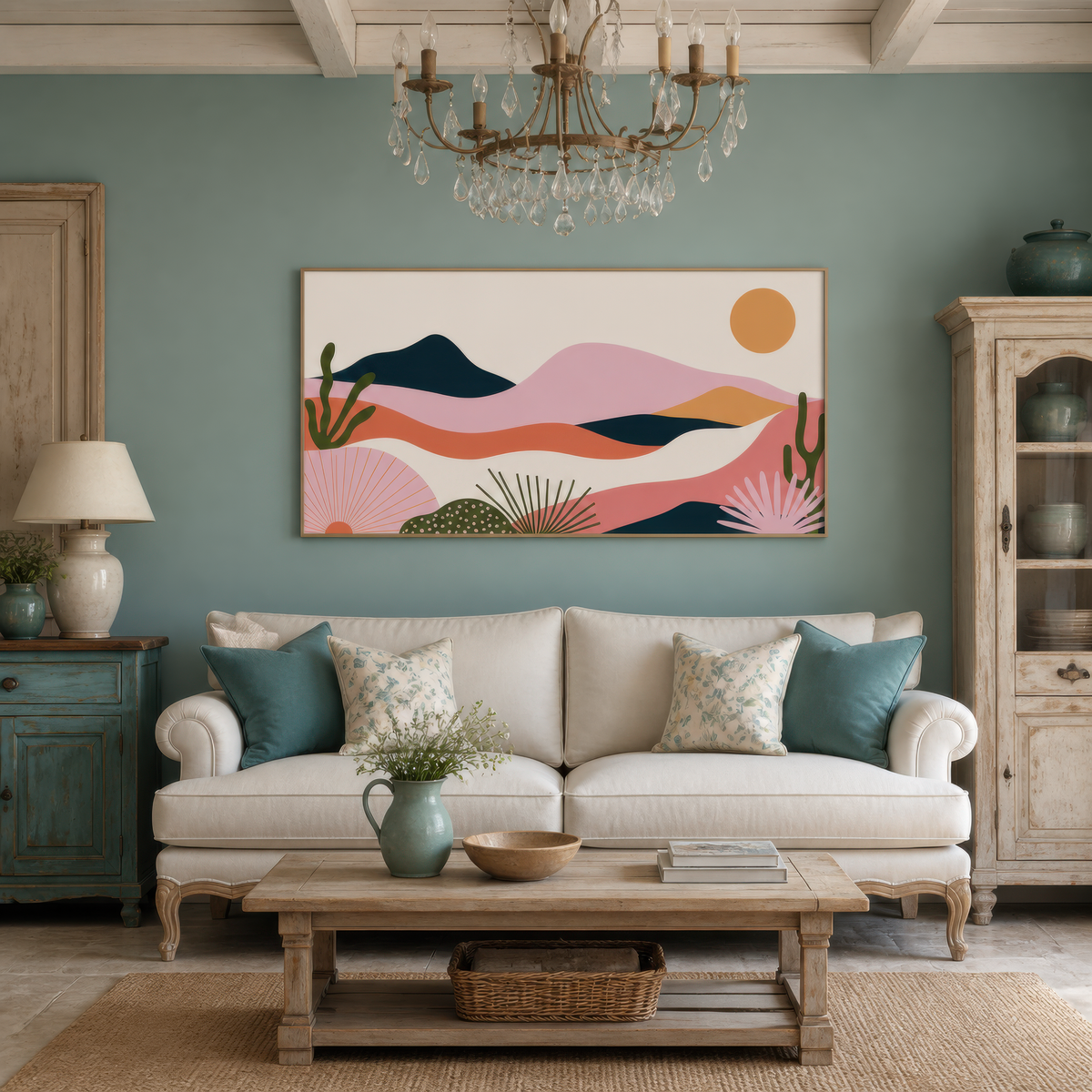 Coral desert mountain sunset above a cream sofa with teal pillows on a teal blue wall