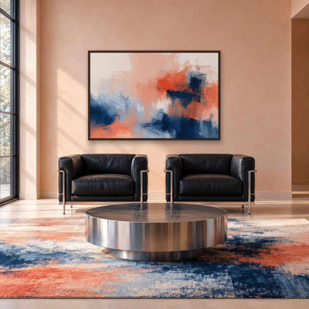 Navy and Coral Abstract wall art in a den