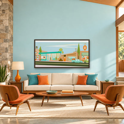 Retro Shopfront with a Teal Canopy mid-century modern wall art in a living room