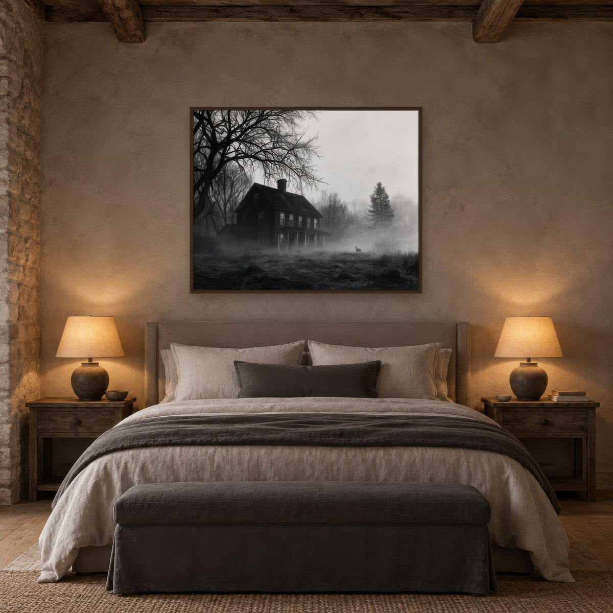 Foggy Farmhouse at Dusk farmhouse wall art in a bedroom