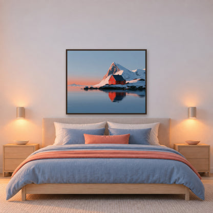 Fjord Cabin at Sunset scandinavian wall art in a bedroom