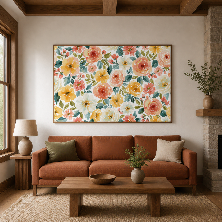 Peach and Yellow Rose Pattern – Watercolor Floral Wall Art