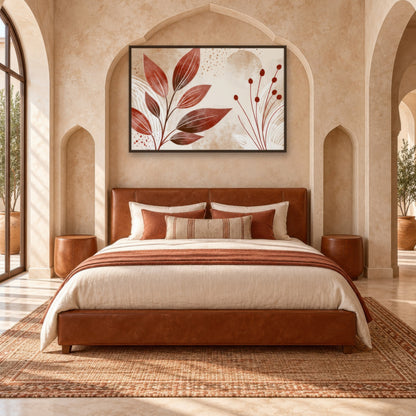 Terracotta Leaves and Berries boho wall art in a bedroom