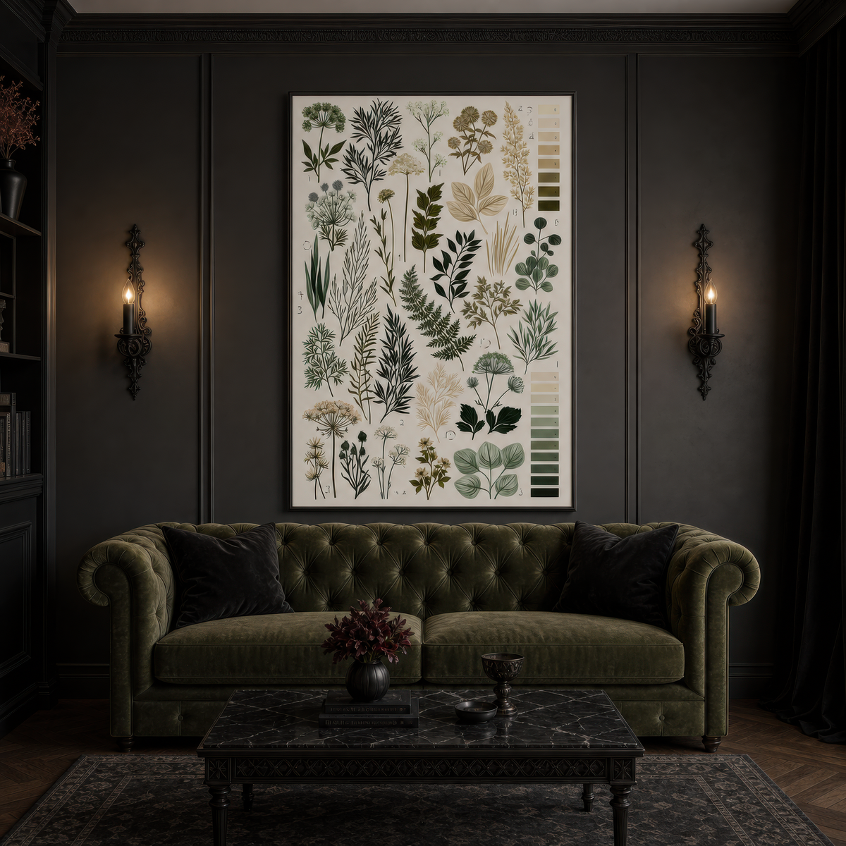 Botanical Leaf Chart wall art print staged in a room