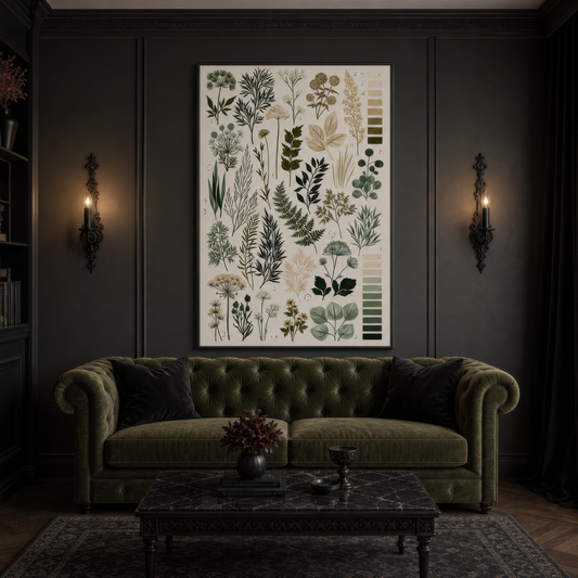 Botanical Leaf Chart wall art print staged in a room