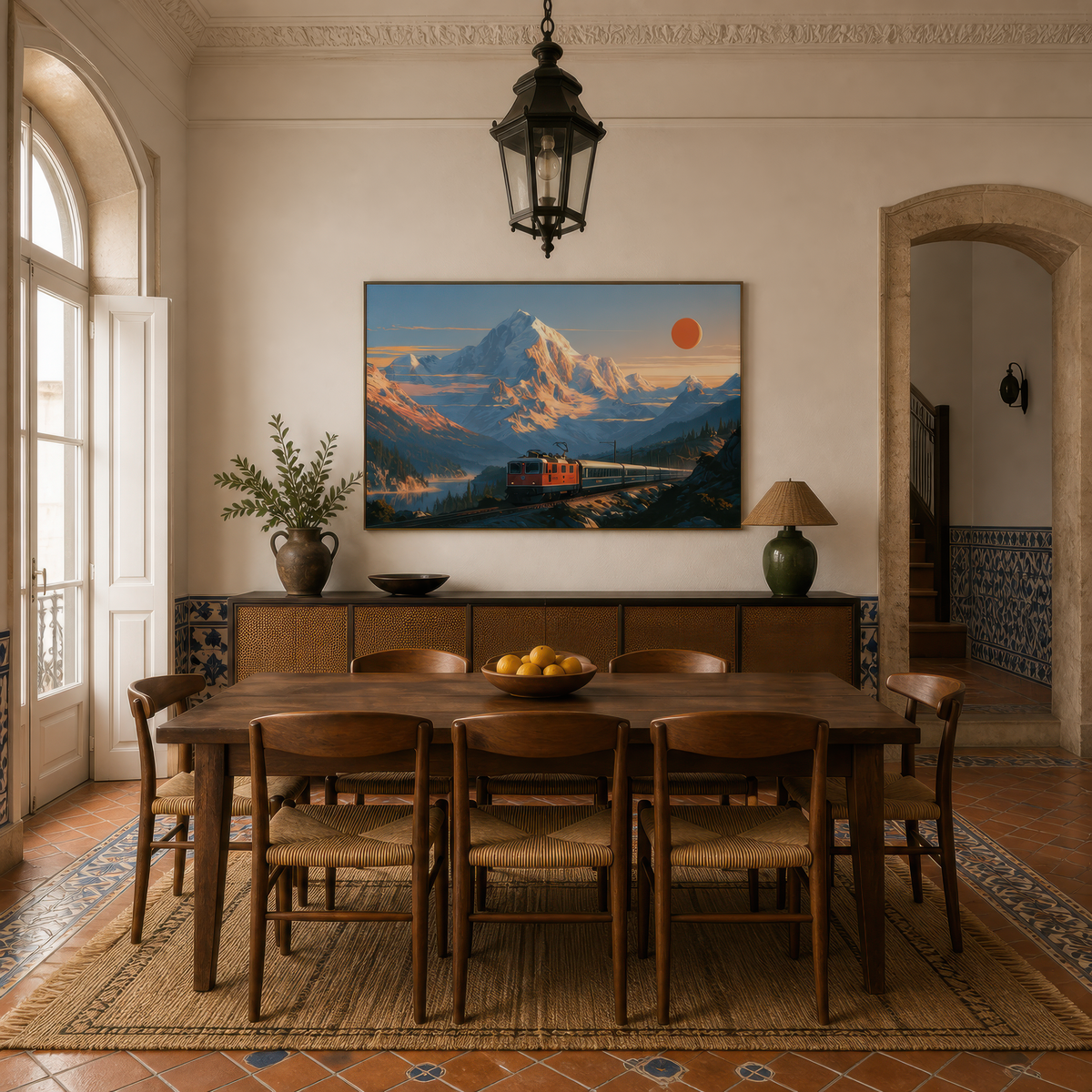 Alpine Train Mountain Illustration wall art print, alternate room view