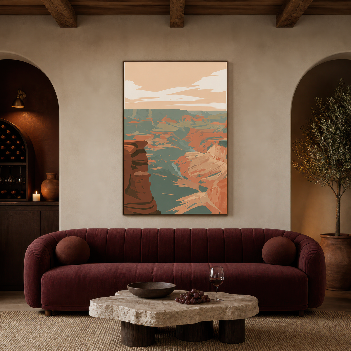 Dark red canyon wall above a burgundy sofa between two plaster arches with a stone table