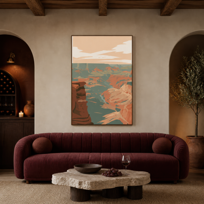 Dark red canyon wall above a burgundy sofa between two plaster arches with a stone table