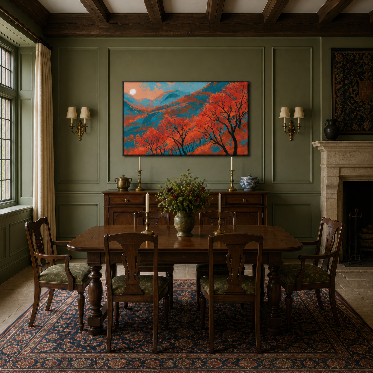 Autumn mountain twilight above a dark dining table with carved chairs in an olive room