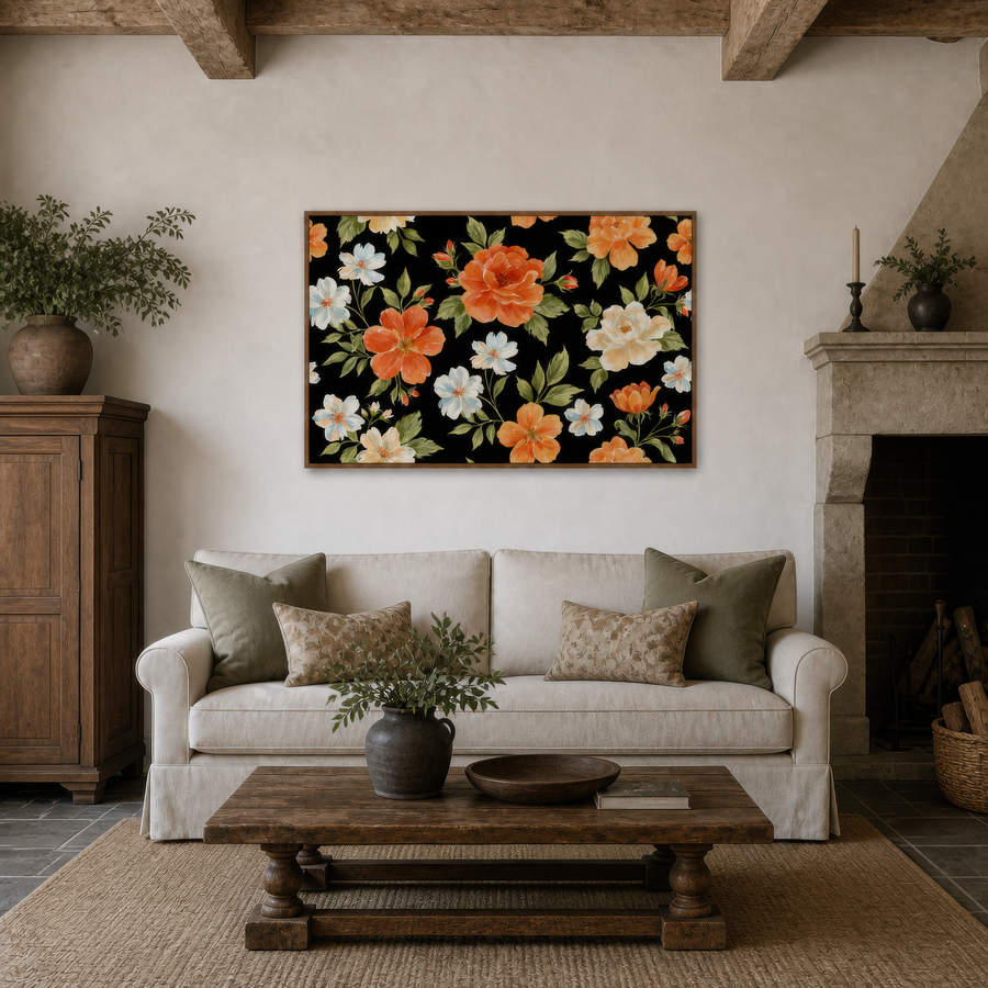 Orange Floral Pattern on Black – Watercolor Floral Wall Art