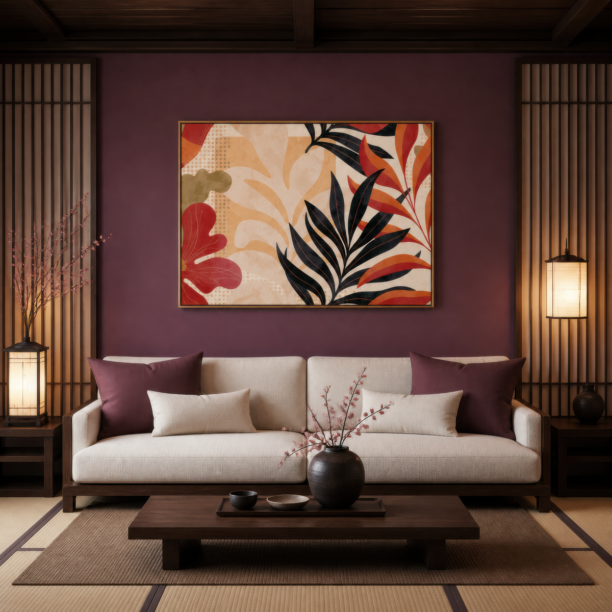 Black and Rust Leaves on Cream – Boho Wall Art