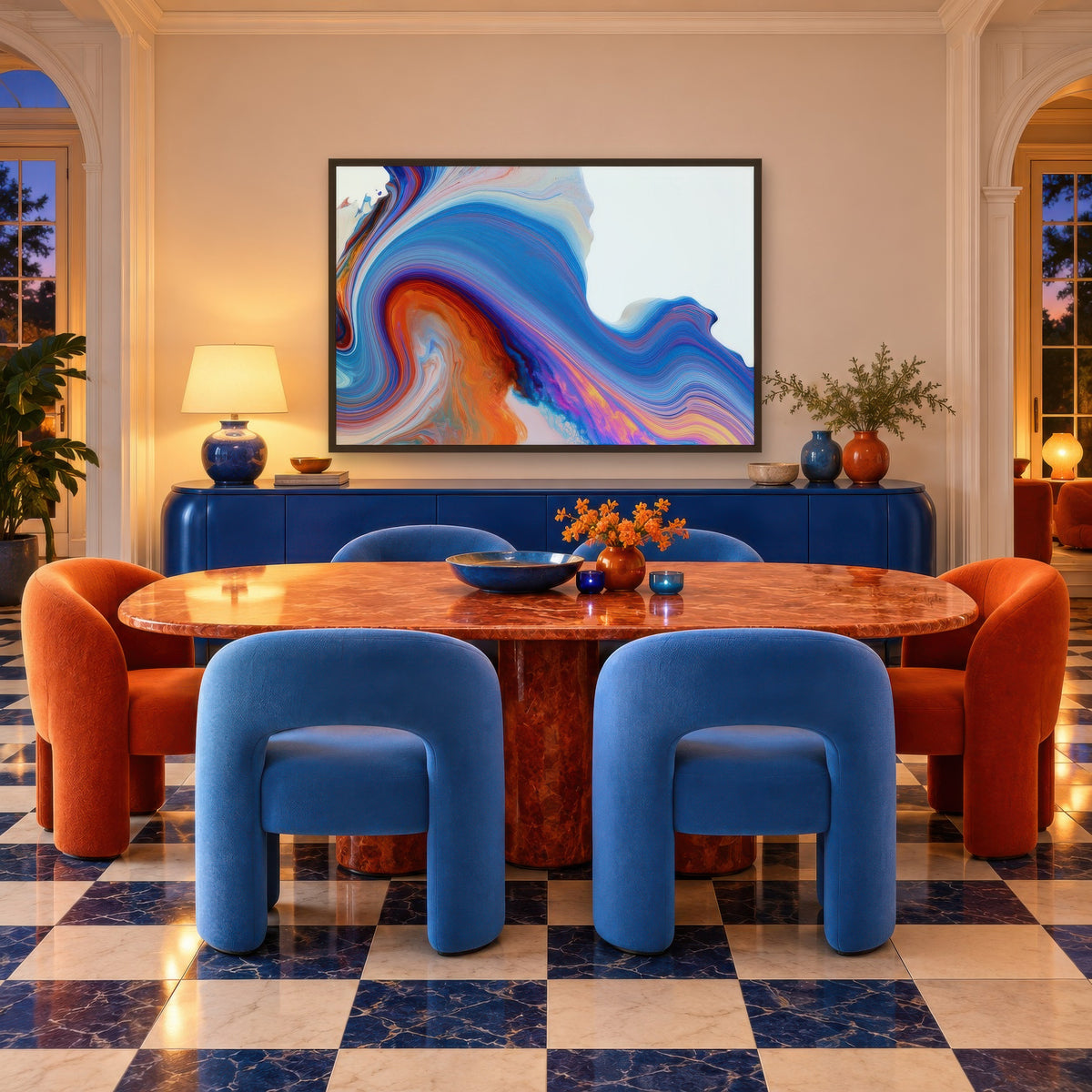 Sapphire Wave Swirl dopamine wall art in a dining room