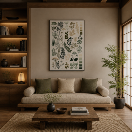 Botanical Leaf Chart wall art print, alternate room view