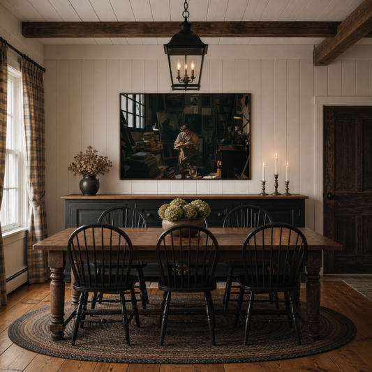 The book-lined studio above a dark dining table with black Windsor chairs and a lantern