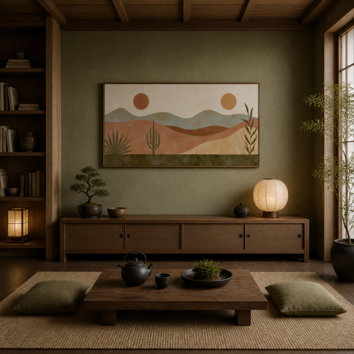Desert hills with twin suns above a low wood console on an olive green wall with paper lamps