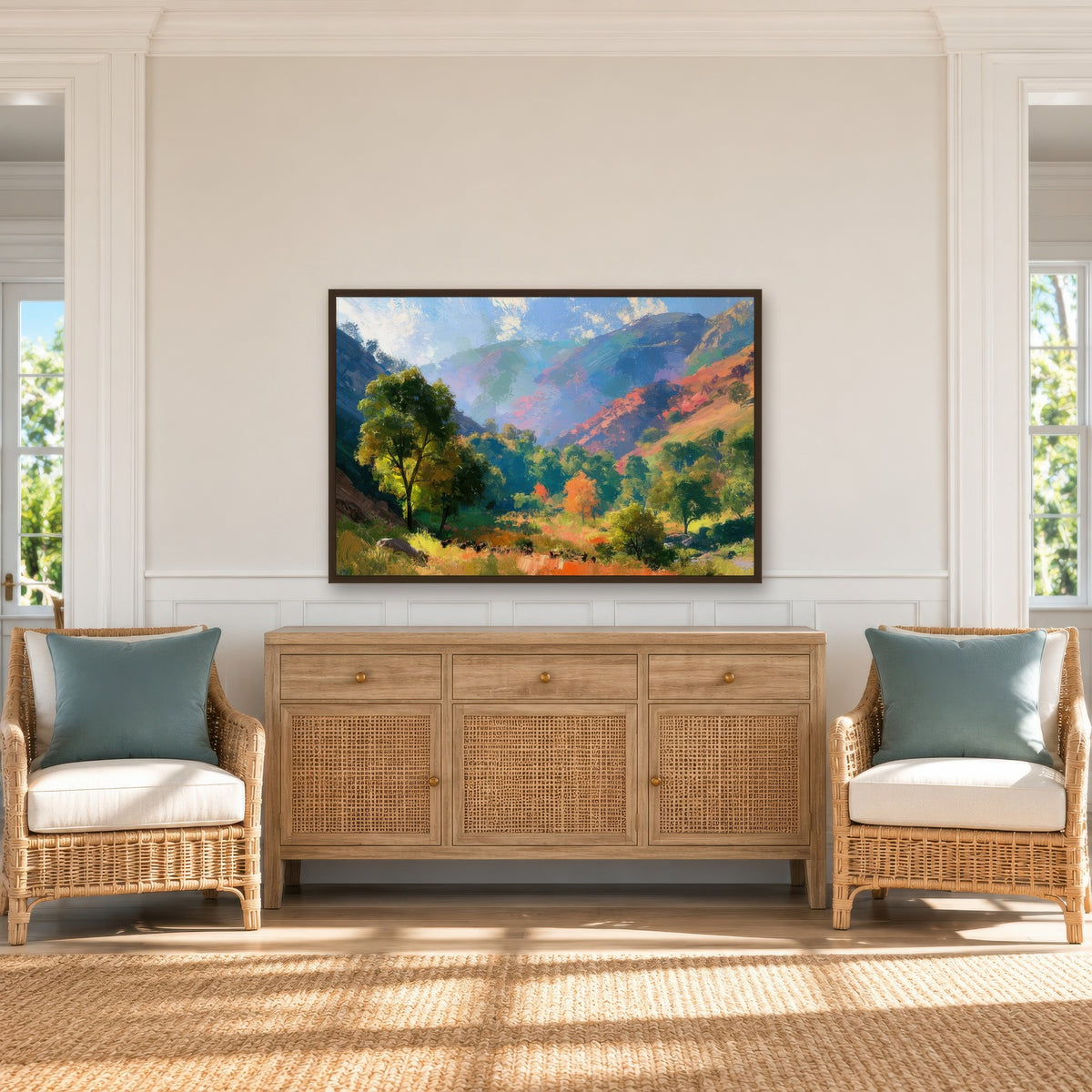 Mountain Valley Landscape impressionist wall art in an entryway