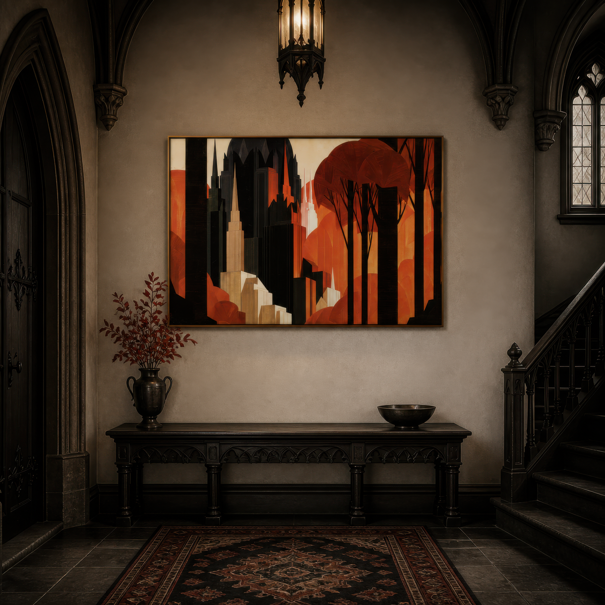Autumn city deco above a black console in an arched entryway with an iron lantern