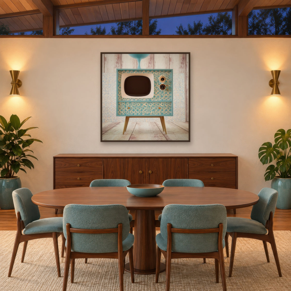 Retro TV Console on Whitewashed Wood mid-century modern wall art in a dining room