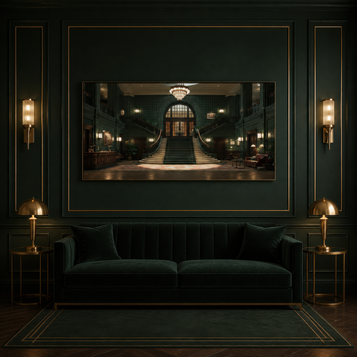 Emerald deco staircase above a dark green velvet sofa with brass sconces