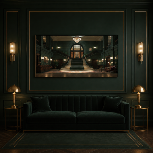 Emerald deco staircase above a dark green velvet sofa with brass sconces
