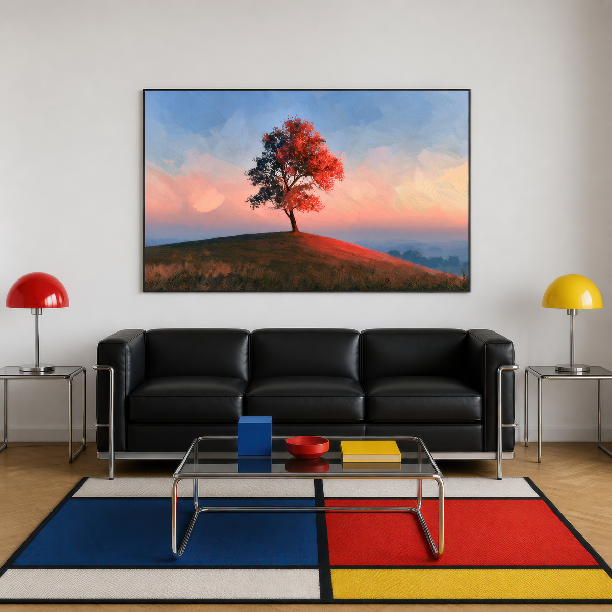 Lone tree at sunset above a black leather sofa with a colour block rug and two dome lamps