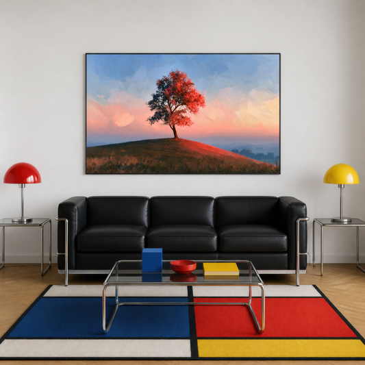 Lone tree at sunset above a black leather sofa with a colour block rug and two dome lamps