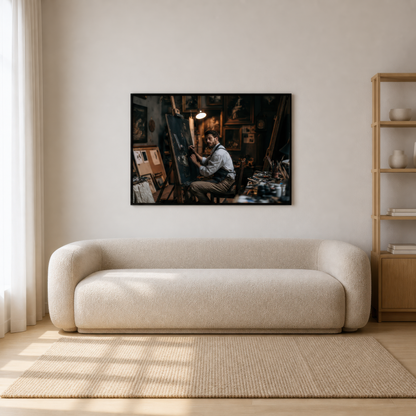 Artist in the lamplit studio above a cream boucle sofa with pale wood shelving and sunlight on the floor