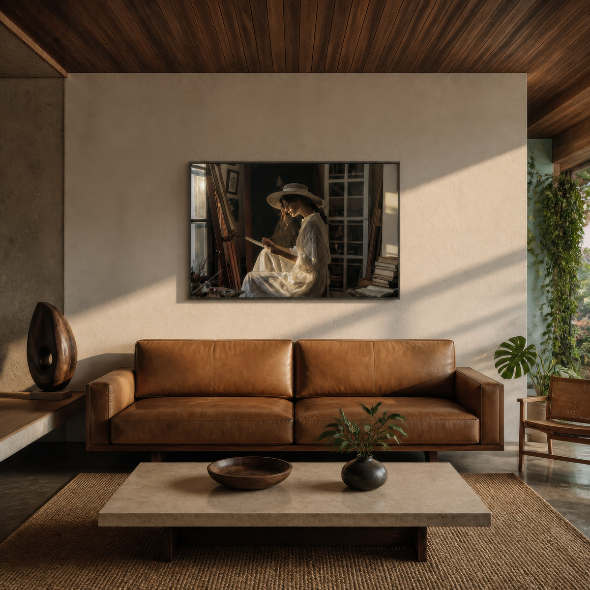 Sketching by the window above a tan leather sofa with a travertine coffee table and plants