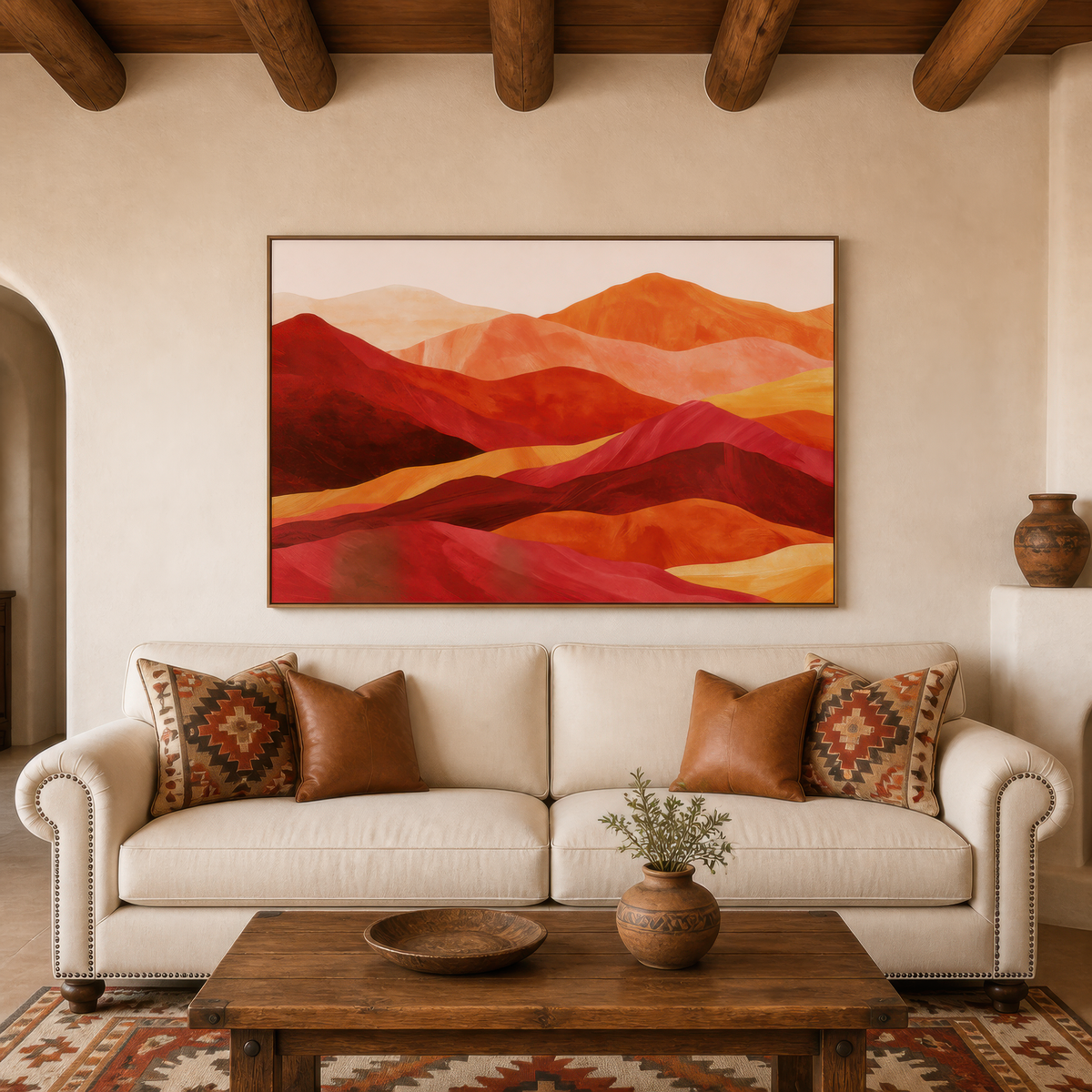 Red and orange mountain ridge artwork above a cream sofa with kilim pillows and wood beams