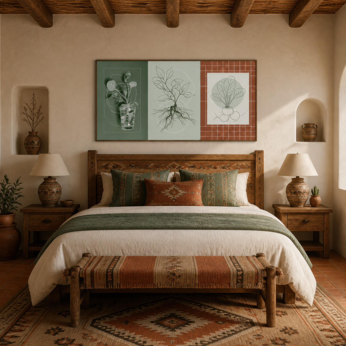 Kitchen garden botanical set above a wood bed with green bedding and two pottery lamps