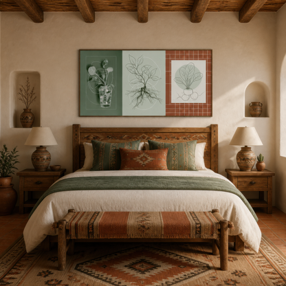 Kitchen garden botanical set above a wood bed with green bedding and two pottery lamps