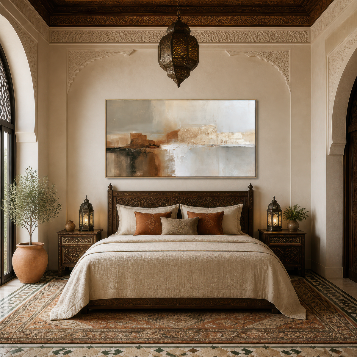 Wide terracotta and gray abstract artwork above a bed with a wooden headboard in an arched bedroom