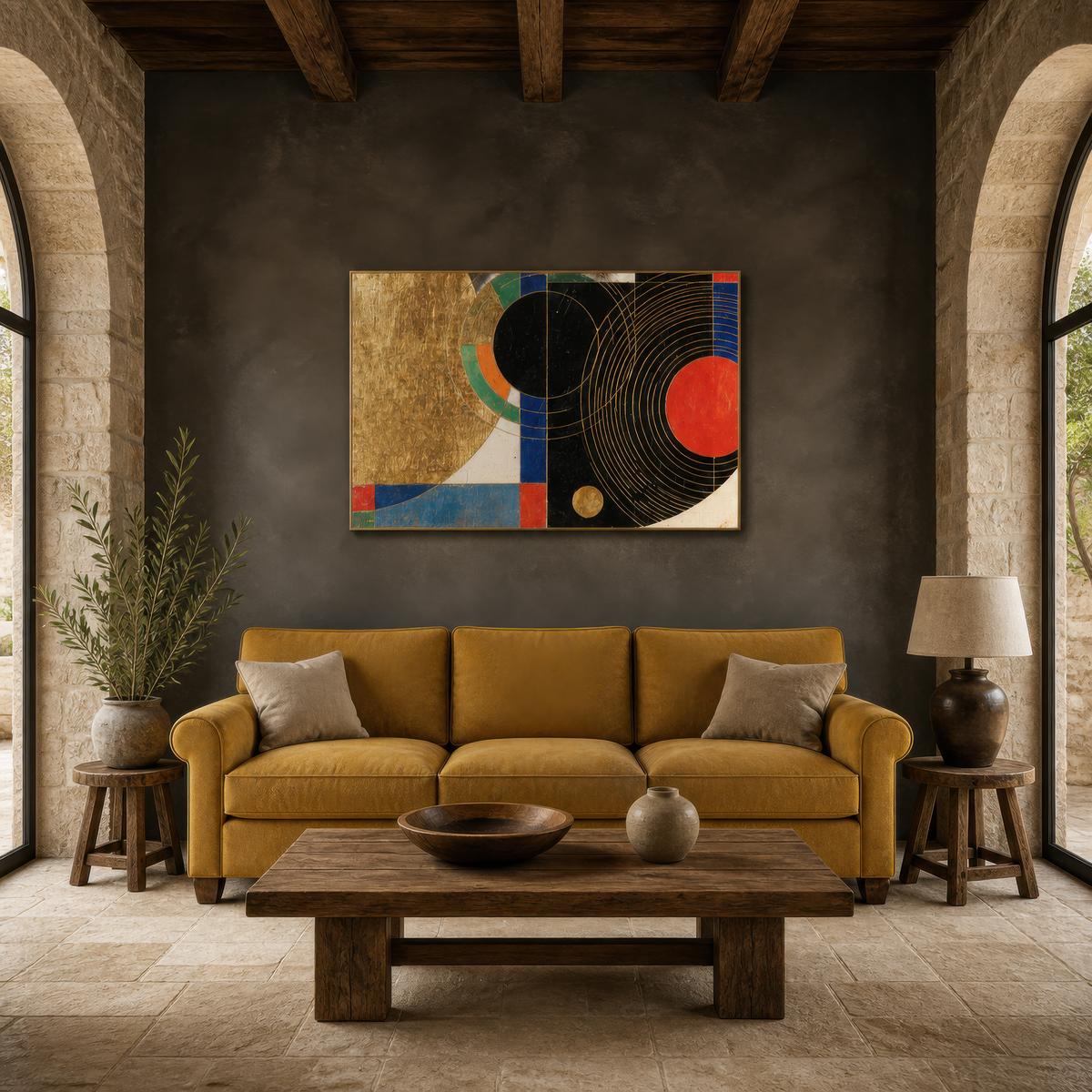 Gold and black deco orbits above a mustard sofa on a charcoal wall with a chunky wood coffee table