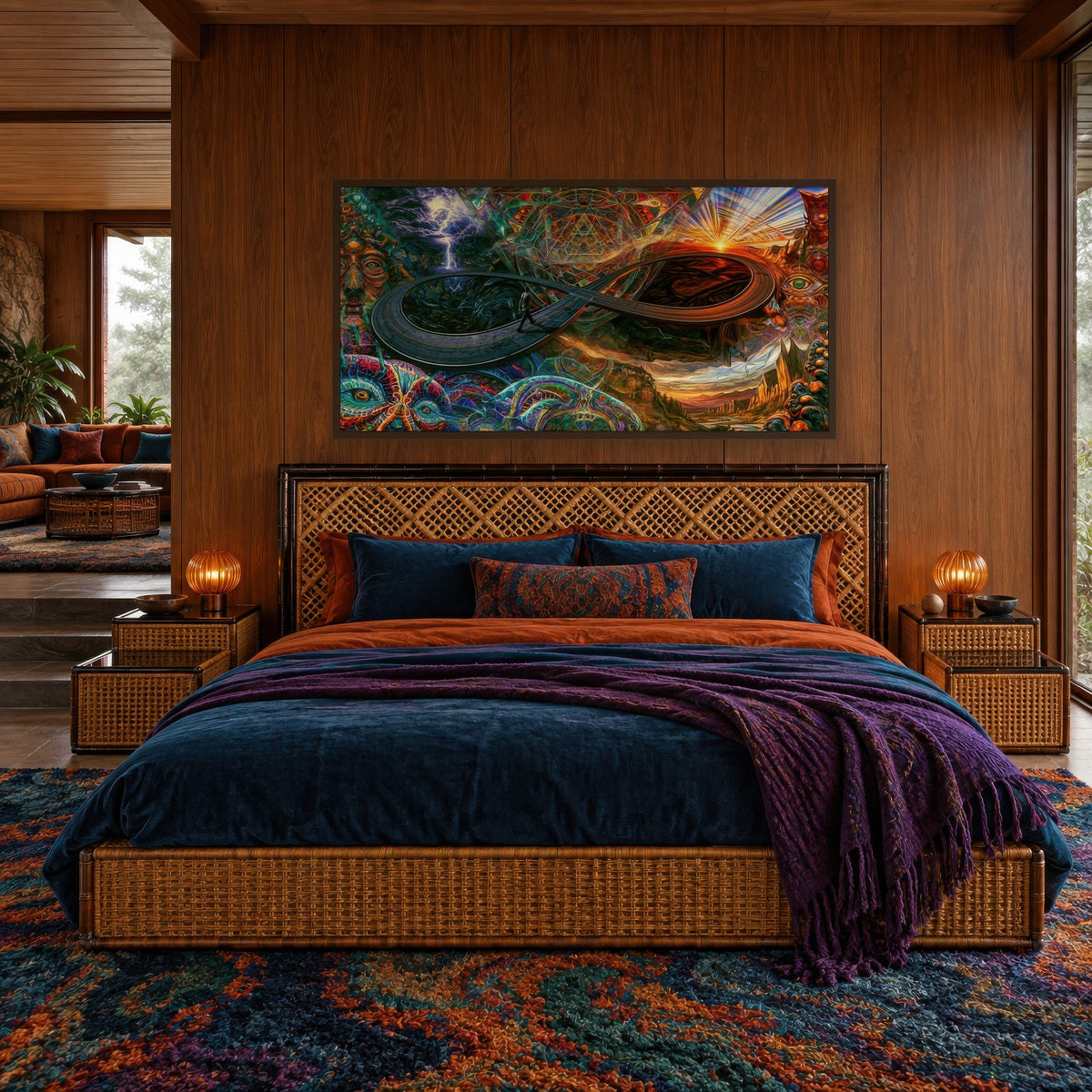 Cave to Sunburst psychedelic wall art in a bedroom