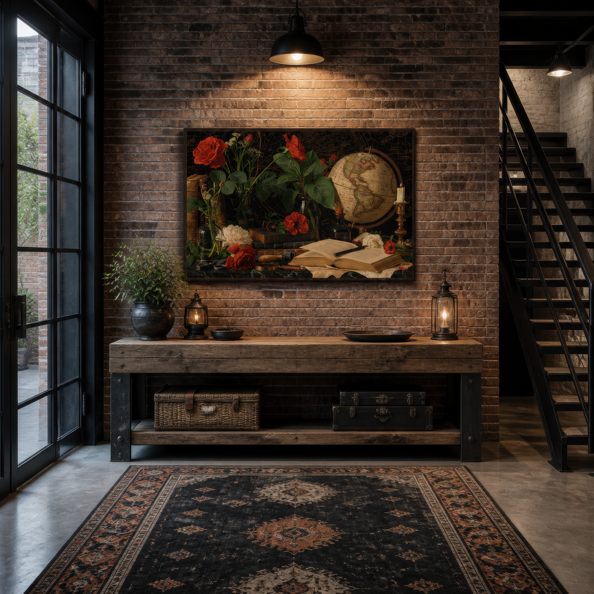 Leatherbound hour above a dark wood console on an exposed brick wall with a navy rug
