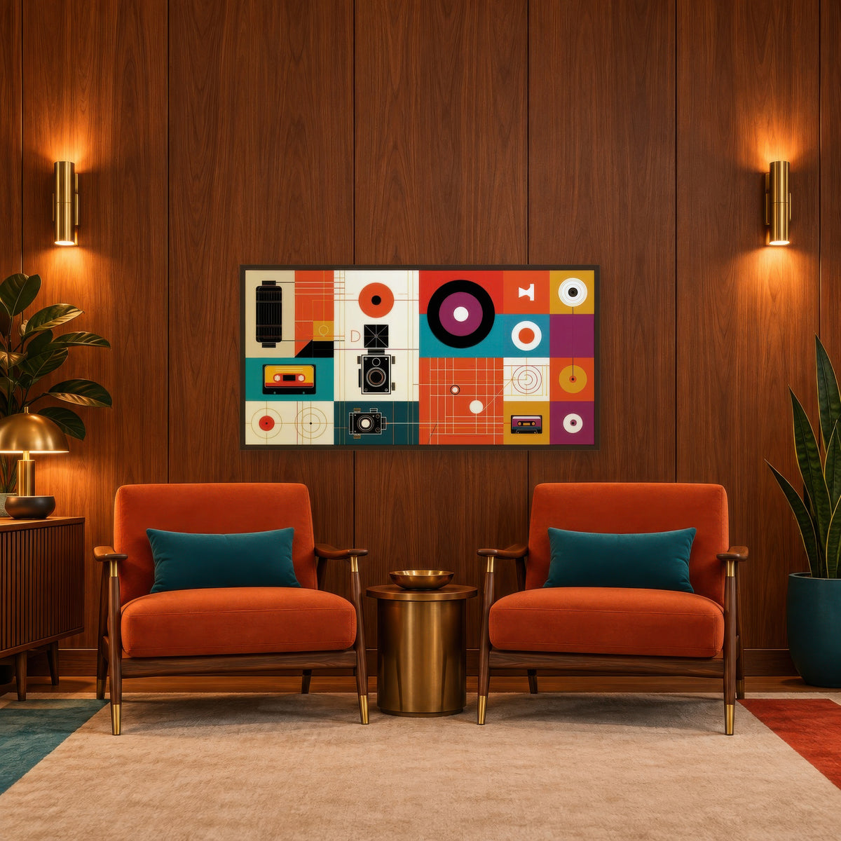 Vintage Gadgets and Circles Illustration mid-century modern wall art in a den