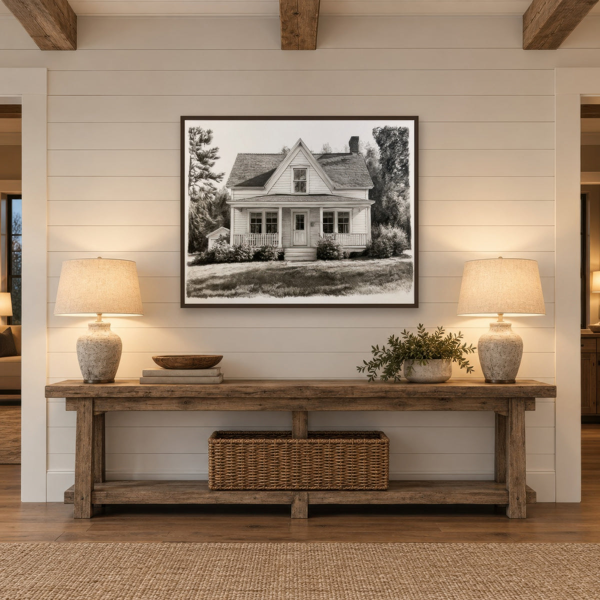Charcoal Farmhouse Sketch farmhouse wall art in an entryway