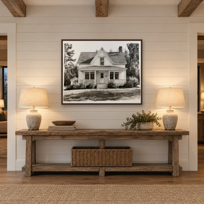 Charcoal Farmhouse Sketch farmhouse wall art in an entryway