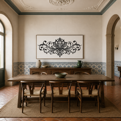 Black lotus scrollwork above a dark dining table with wishbone chairs and a tiled dado