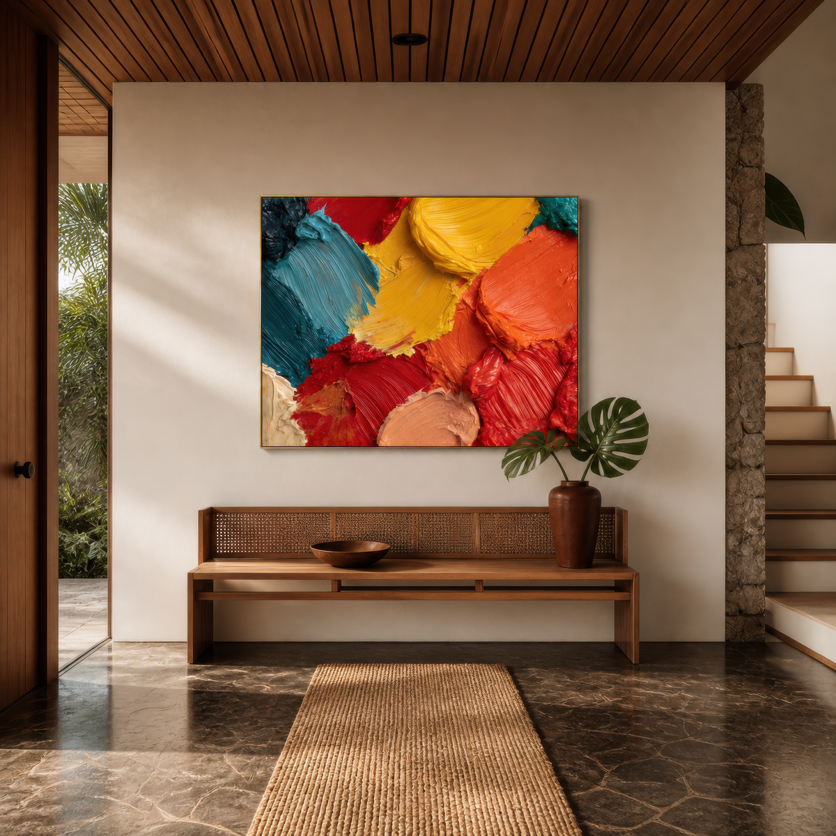 Citrus burst above a wooden bench in an entryway with a patterned runner and staircase