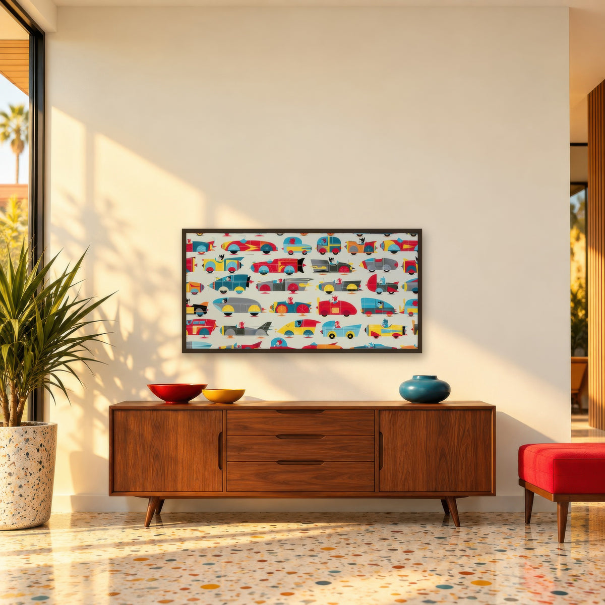 Colorful Toy Car Grid mid-century modern wall art in an entryway