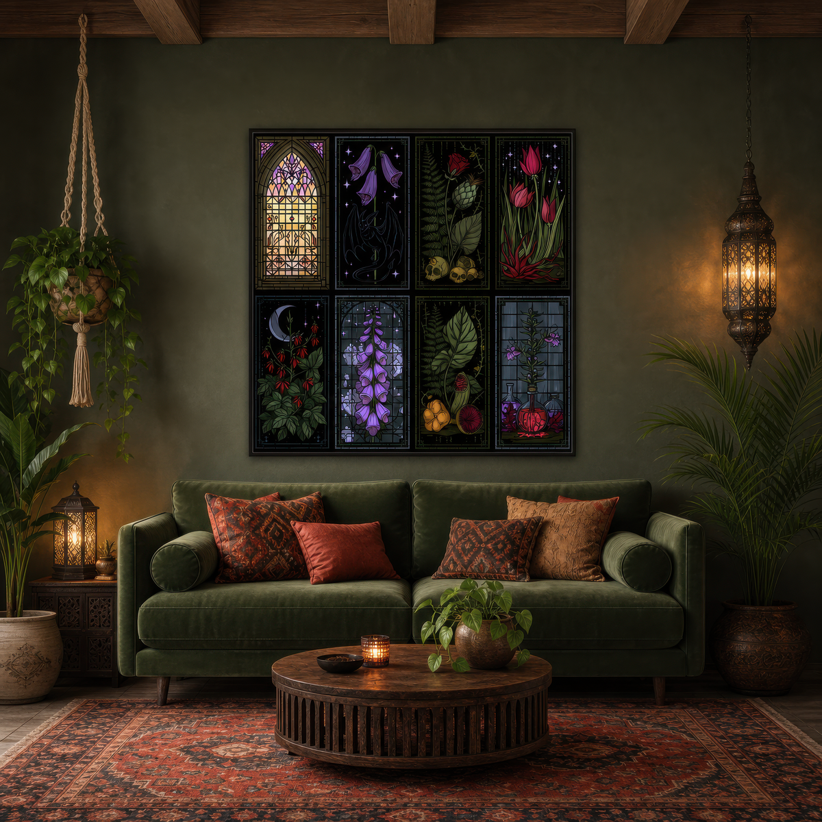 Eight-Panel Gothic Stained Glass Illustration wall art print staged in a room