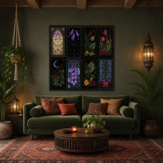 Eight-Panel Gothic Stained Glass Illustration wall art print staged in a room
